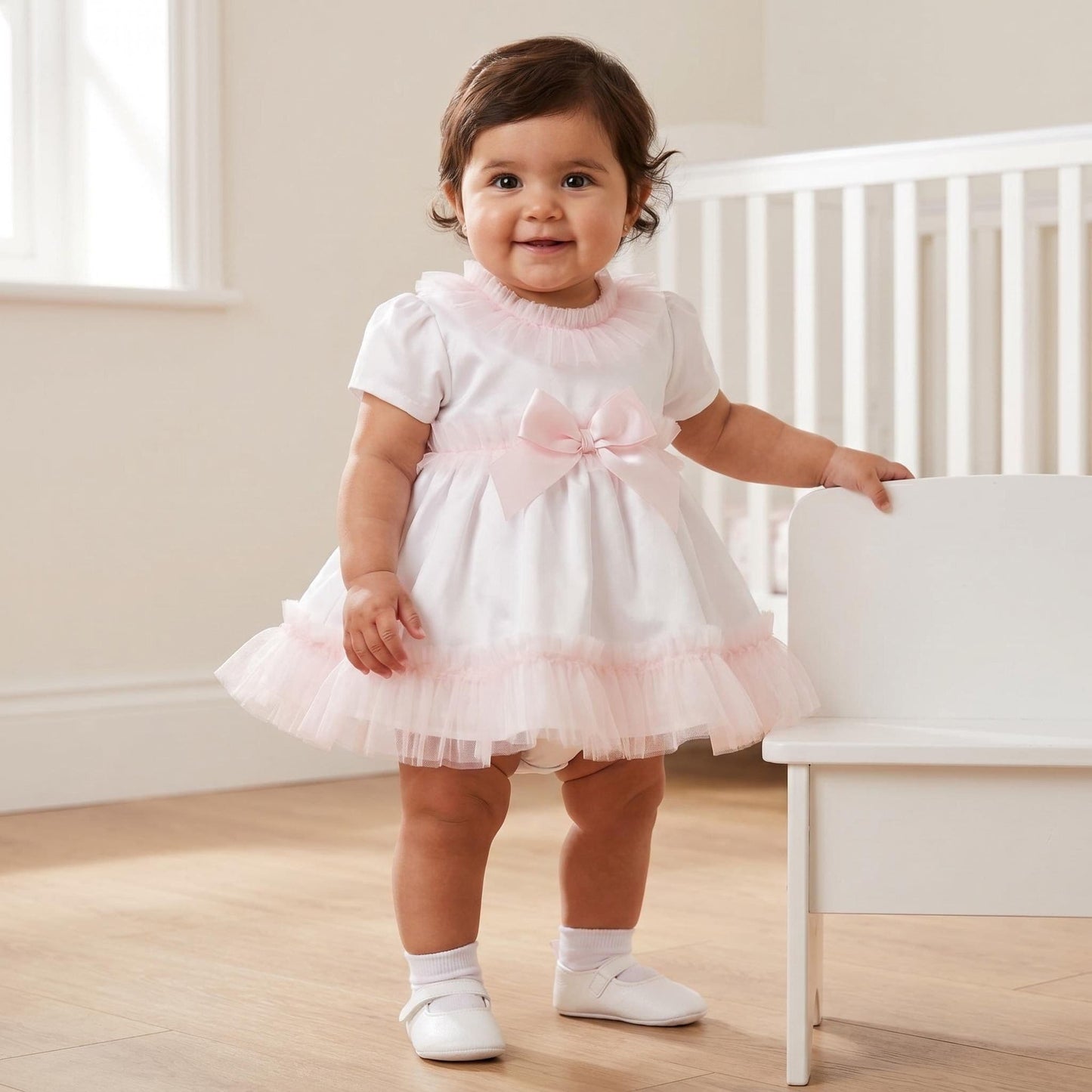 *SALE* Baby Girl White Cotton Dress Pink Tulle Details with Pants "MYD25010"