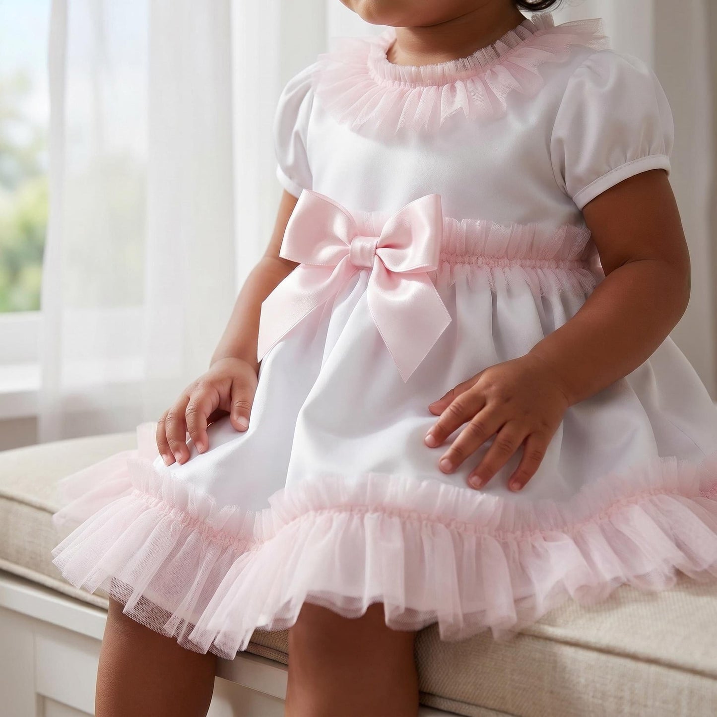 *SALE* Baby Girl White Cotton Dress Pink Tulle Details with Pants "MYD25010"