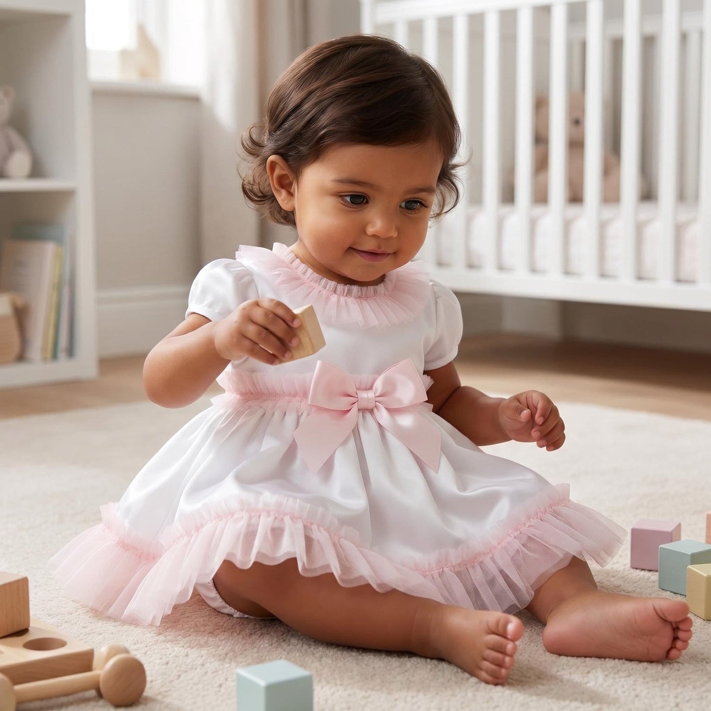 *SALE* Baby Girl White Cotton Dress Pink Tulle Details with Pants "MYD25010"