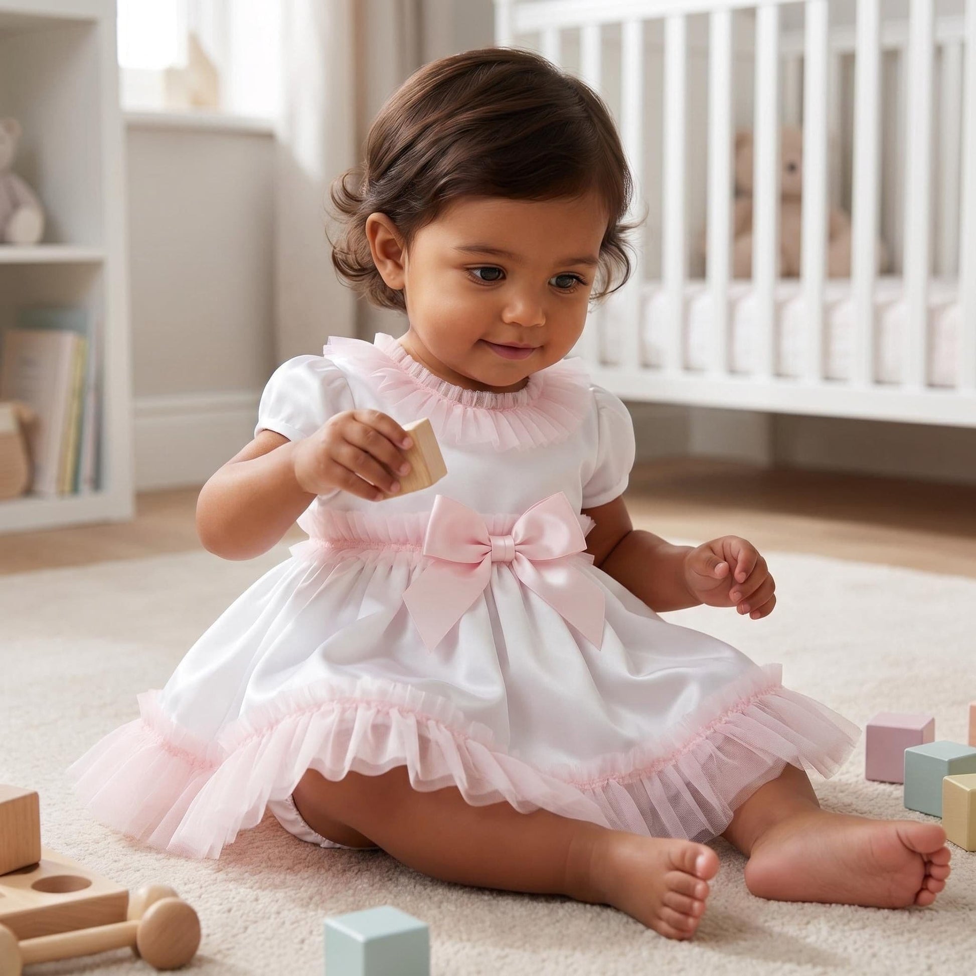 *SALE* Baby Girl White Cotton Dress Pink Tulle Details with Pants "MYD25010"