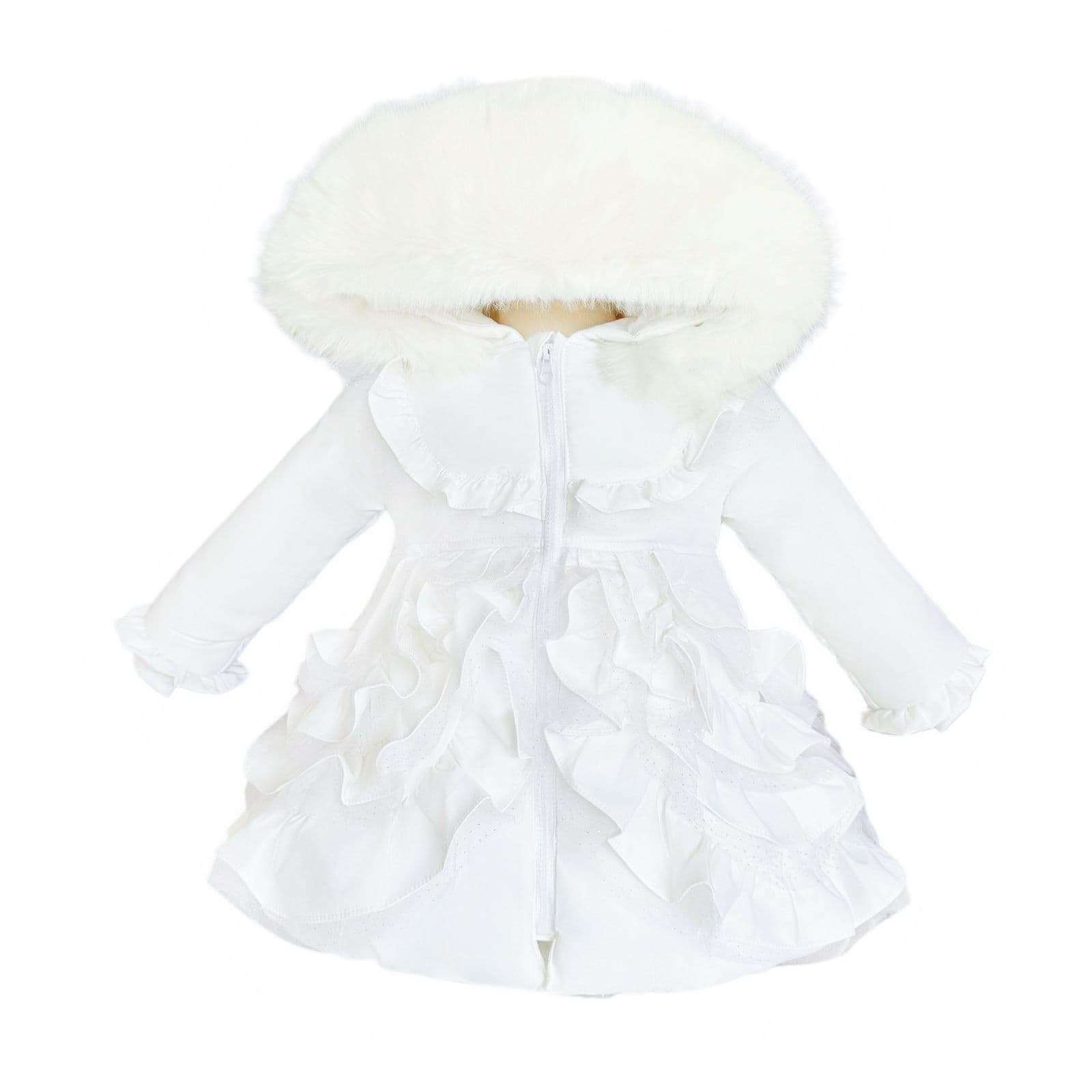 *SALE* Baby Girl White Frilly Bottoms Puff Coat with Faux Fur Hood "MYD415 White"