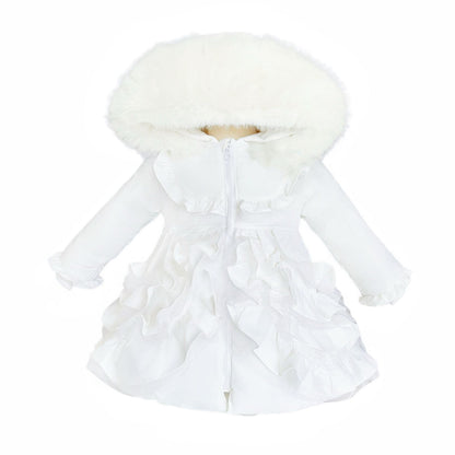 *SALE* Baby Girl White Frilly Bottoms Puff Coat with Faux Fur Hood "MYD415 White"