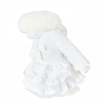 *SALE* Baby Girl White Frilly Bottoms Puff Coat with Faux Fur Hood "MYD415 White"
