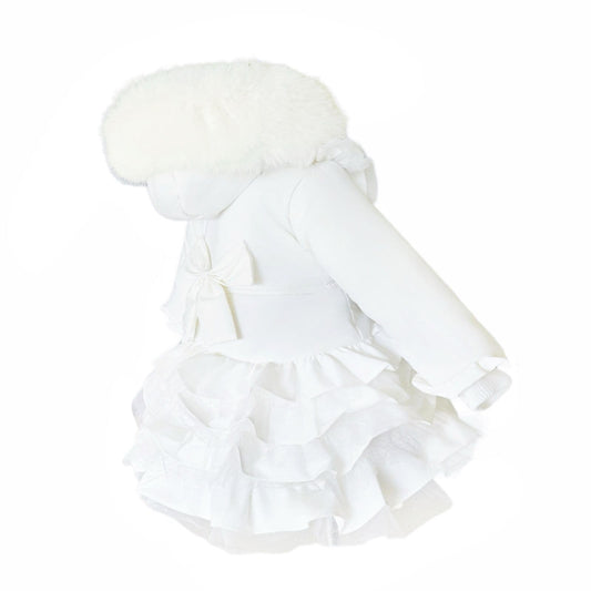 *SALE* Baby Girl White Frilly Bottoms Puff Coat with Faux Fur Hood "MYD415 White"