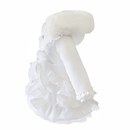 *SALE* Baby Girl White Frilly Bottoms Puff Coat with Faux Fur Hood "MYD415 White"