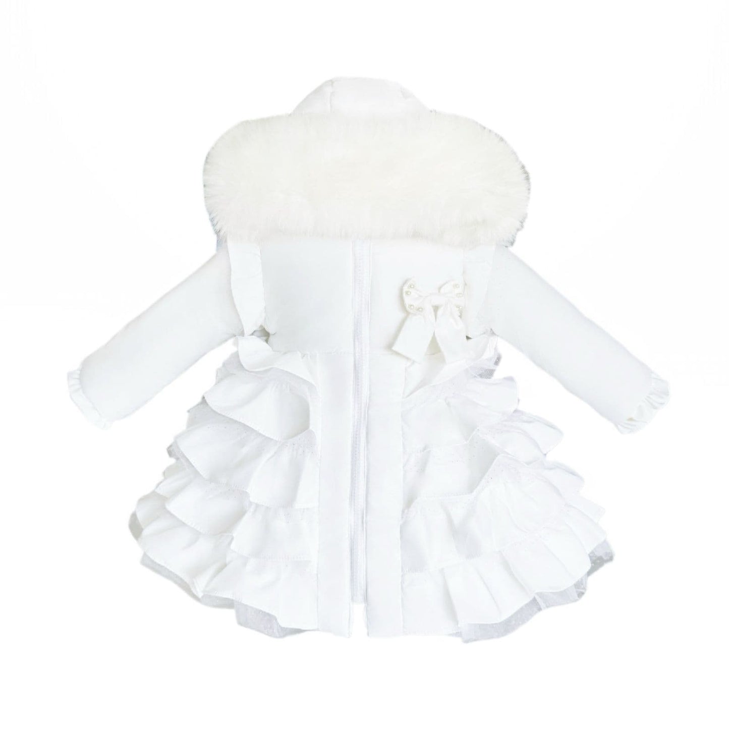 *SALE* Baby Girl White Frilly Bottoms Puff Coat with Faux Fur Hood "MYD416 White"