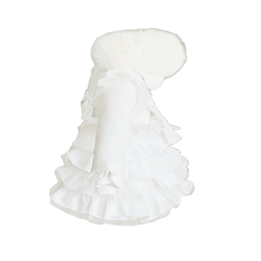 *SALE* Baby Girl White Frilly Bottoms Puff Coat with Faux Fur Hood "MYD416 White"