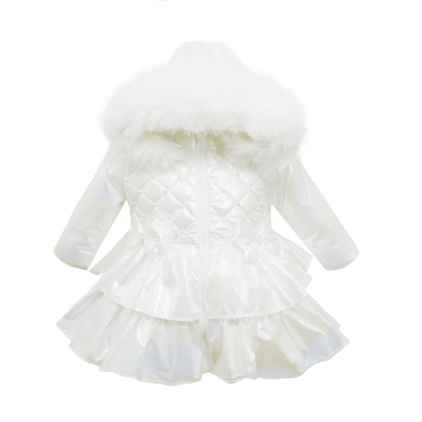 *SALE* Baby Girl White Iridescent Puffer Coat Frilly Bottom Faux Fur Hood "MYD408 White"
