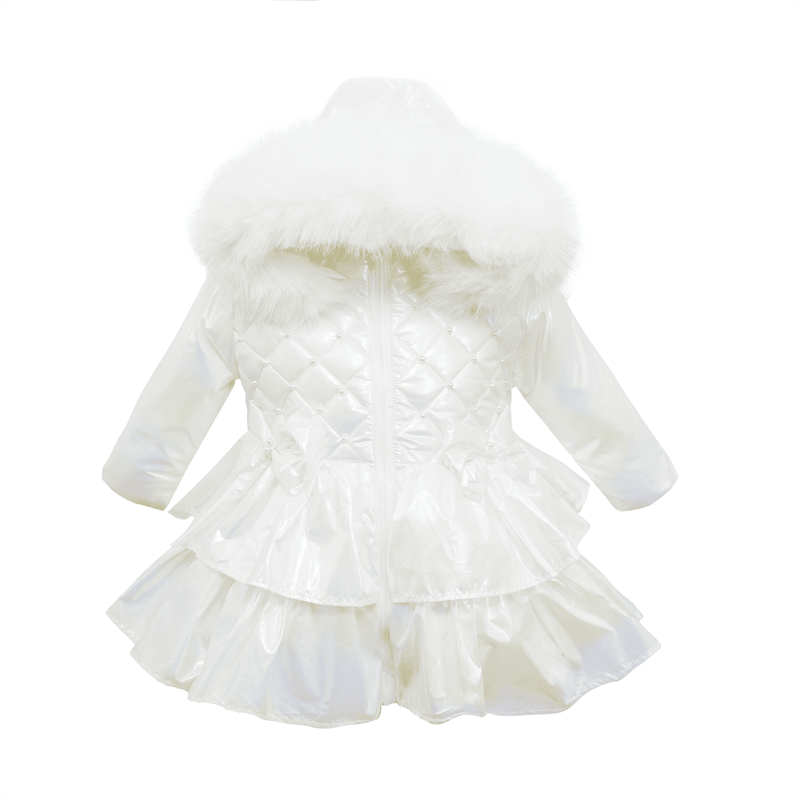 *SALE* Baby Girl White Iridescent Puffer Coat Frilly Bottom Faux Fur Hood "MYD408 White"
