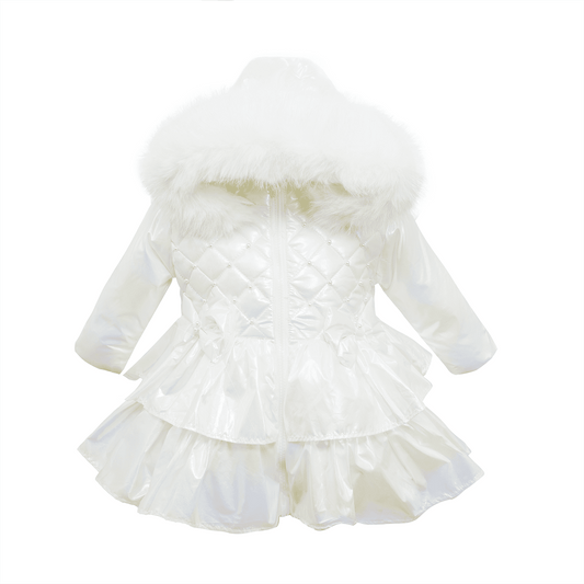 *SALE* Baby Girl White Iridescent Puffer Coat Frilly Bottom Faux Fur Hood "MYD408 White"