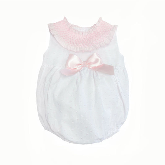 *SALE* Baby Girl White/Pink Plumetis Smocked Romper "MYD2417P"