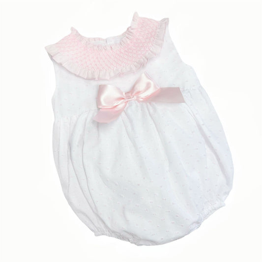 *SALE* Baby Girl White/Pink Plumetis Smocked Romper "MYD2417P"