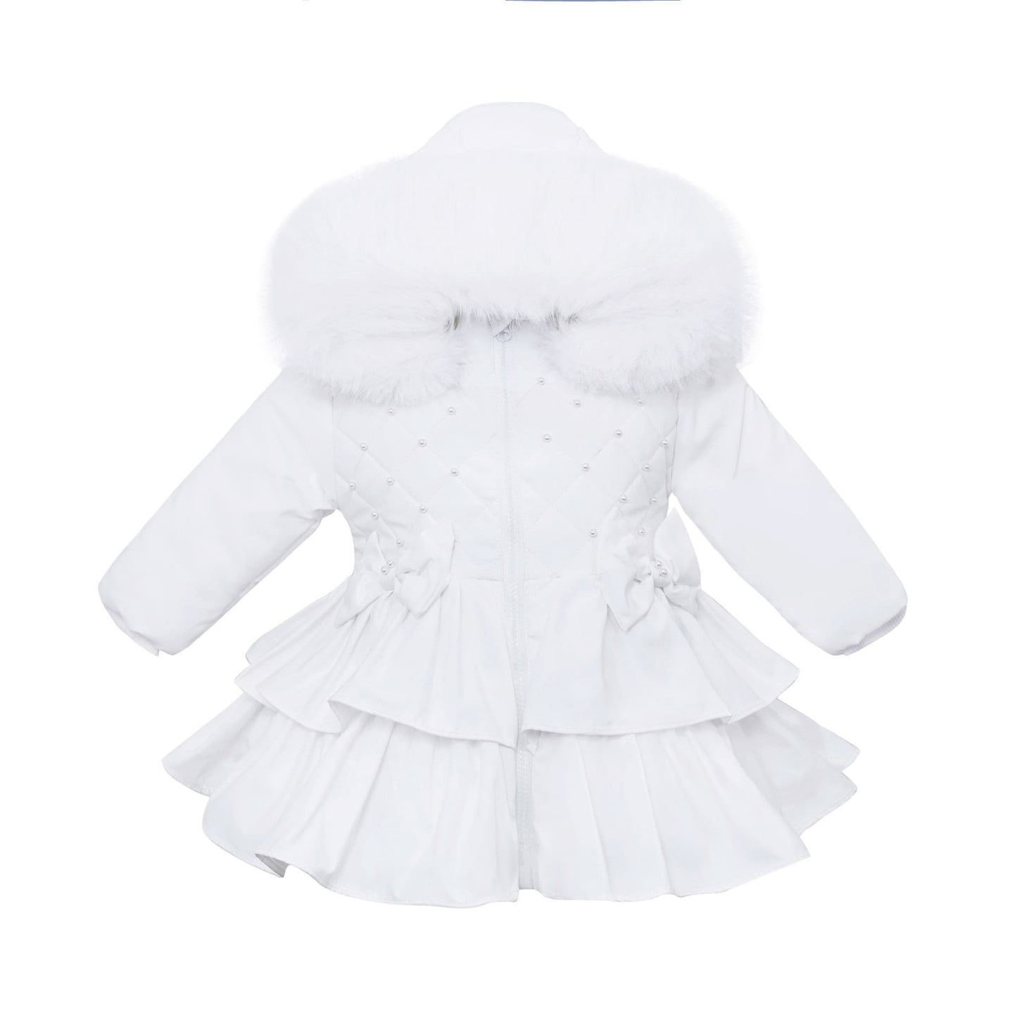 *SALE* Baby Girl White Puffer Coat Frilly Bottom Faux Fur Hood "MYD407 White"