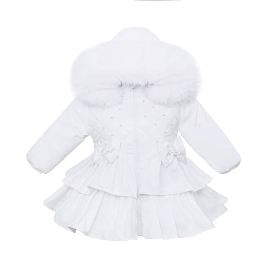*SALE* Baby Girl White Puffer Coat Frilly Bottom Faux Fur Hood "MYD407 White"