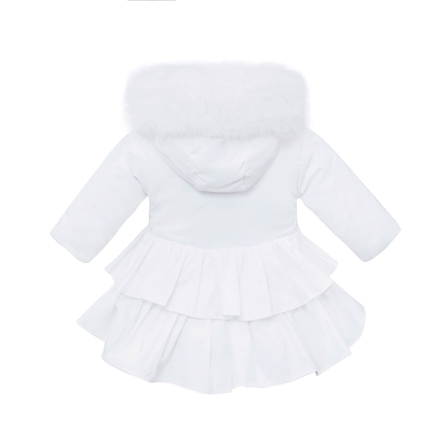 *SALE* Baby Girl White Puffer Coat Frilly Bottom Faux Fur Hood "MYD407 White"