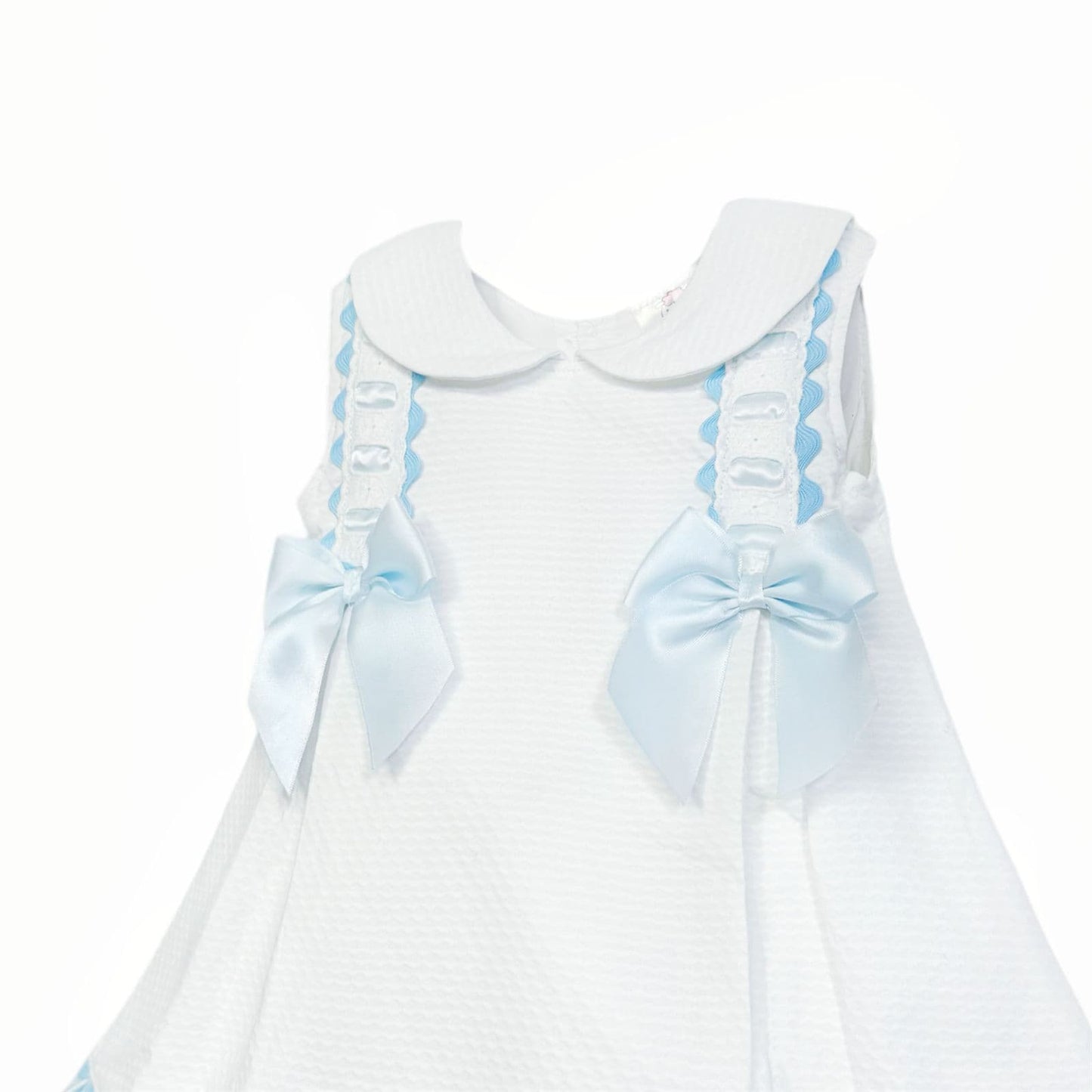 *SALE* Baby Girl White Spanish Princess Dress with Blue Ribbon Trim "8601 Blue"