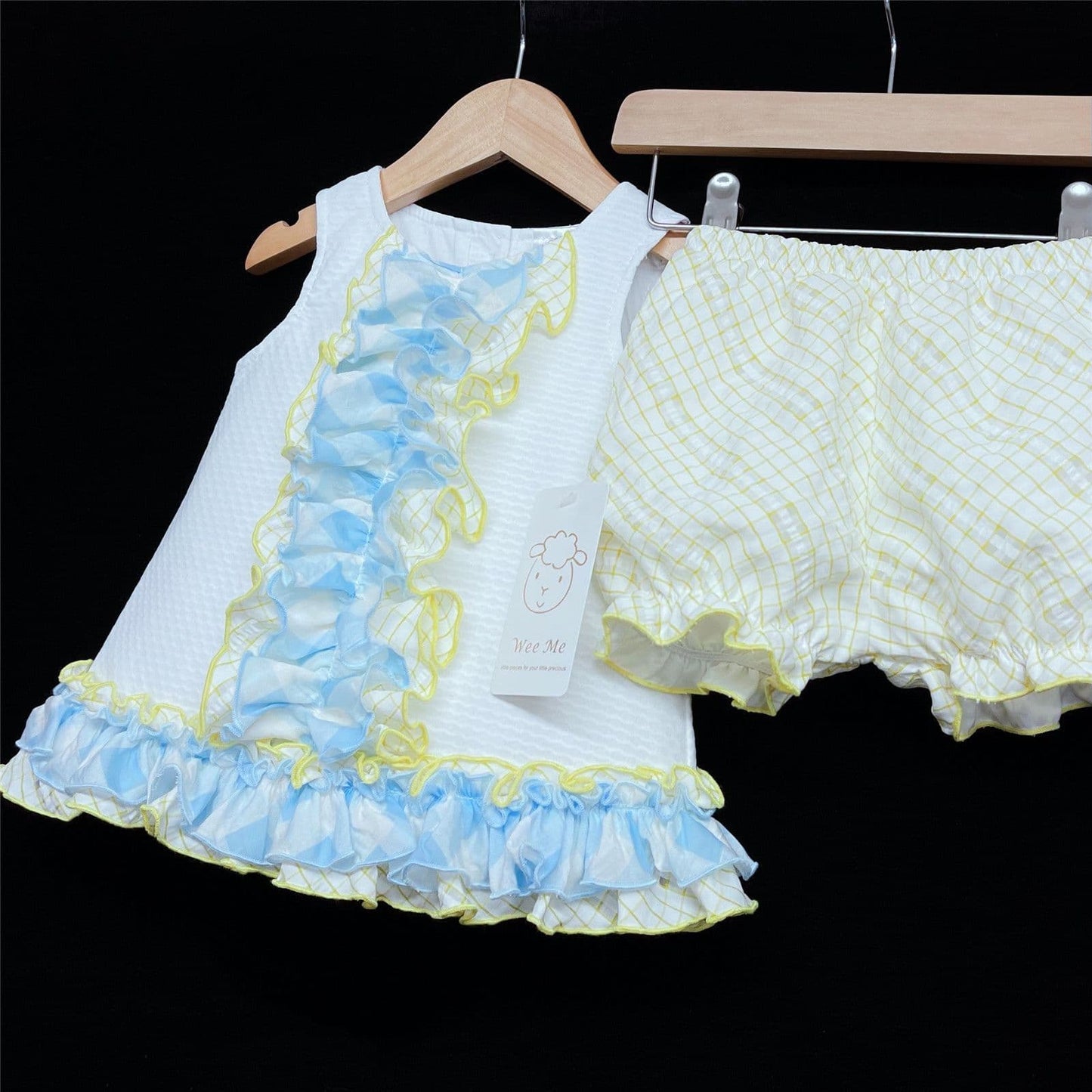 *SALE* Baby Girl White Waffle A Line Dress Yellow Frilly Details "2151Y"
