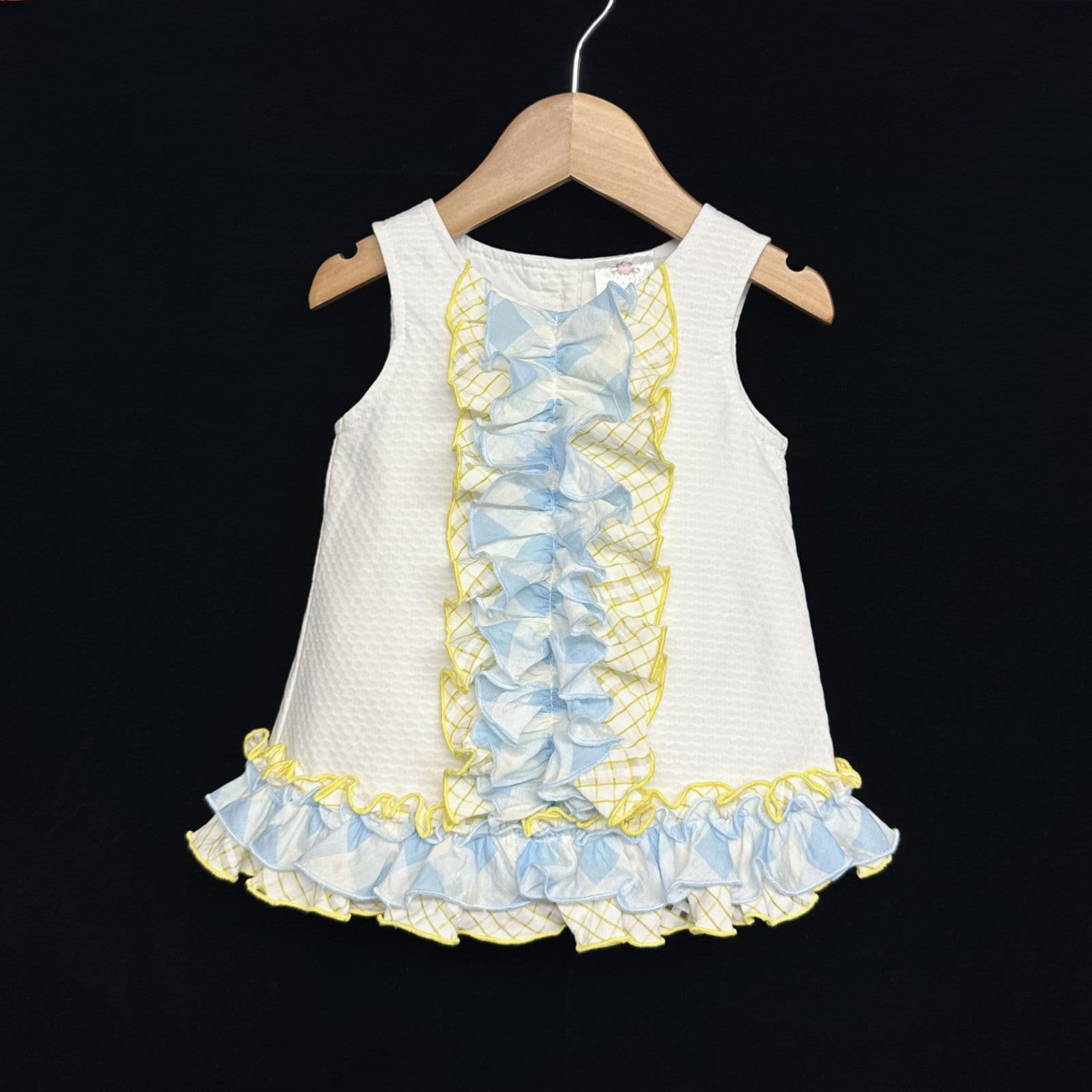 *SALE* Baby Girl White Waffle A Line Dress Yellow Frilly Details "2151Y"