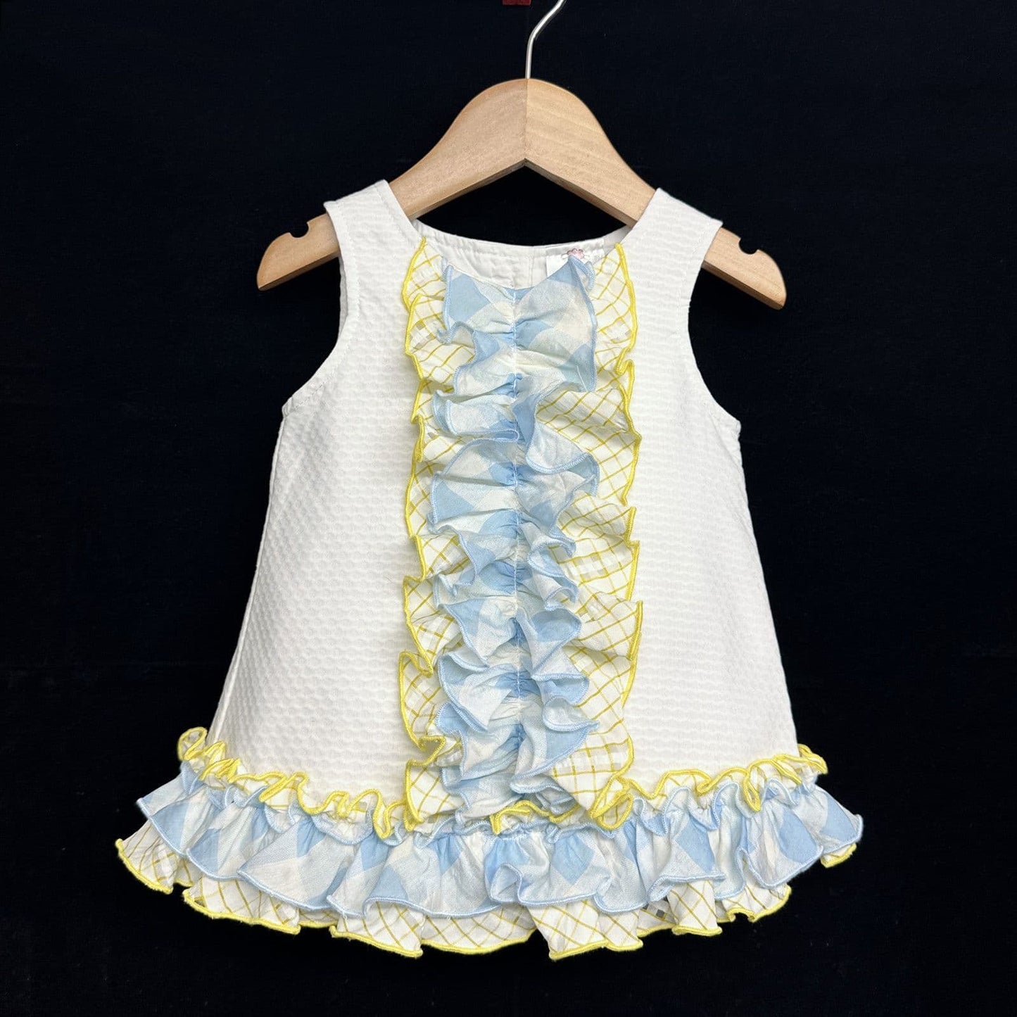 *SALE* Baby Girl White Waffle A Line Dress Yellow Frilly Details "2151Y"