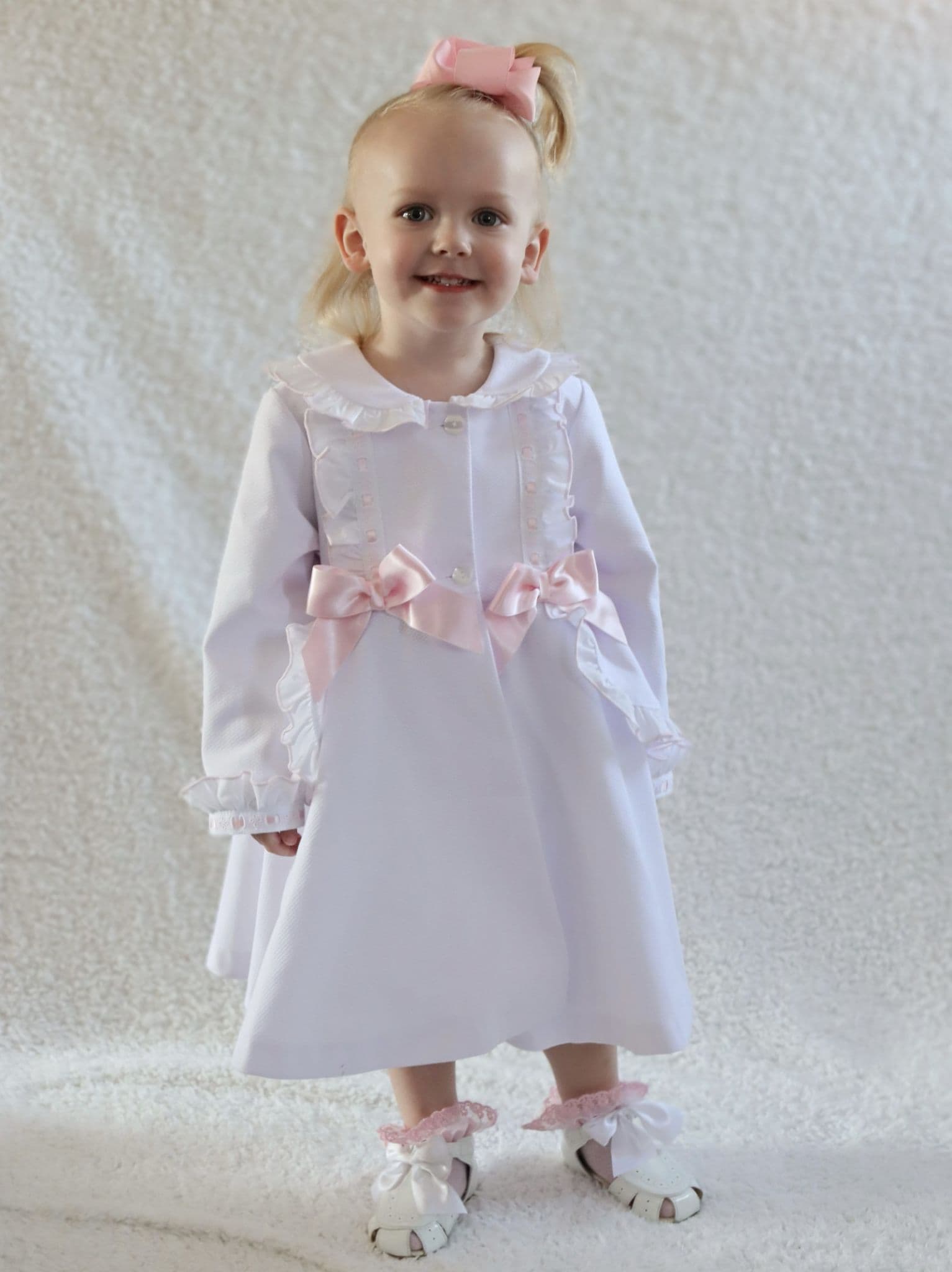 *SALE* Baby Girl White Waffle Puff Ball Frilly Jacket Pink Bow "ABR003WP"