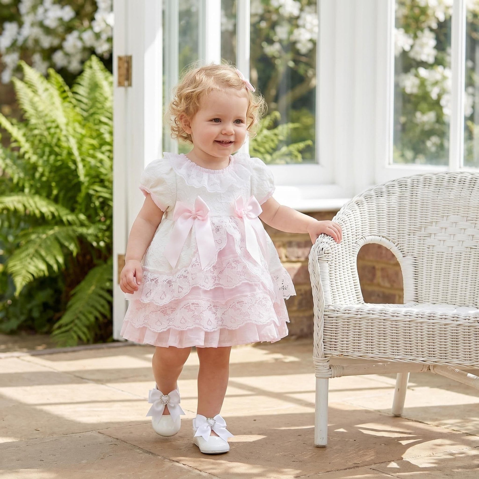 Baby Girls White & Pink Tiered Lace Puffball Dress