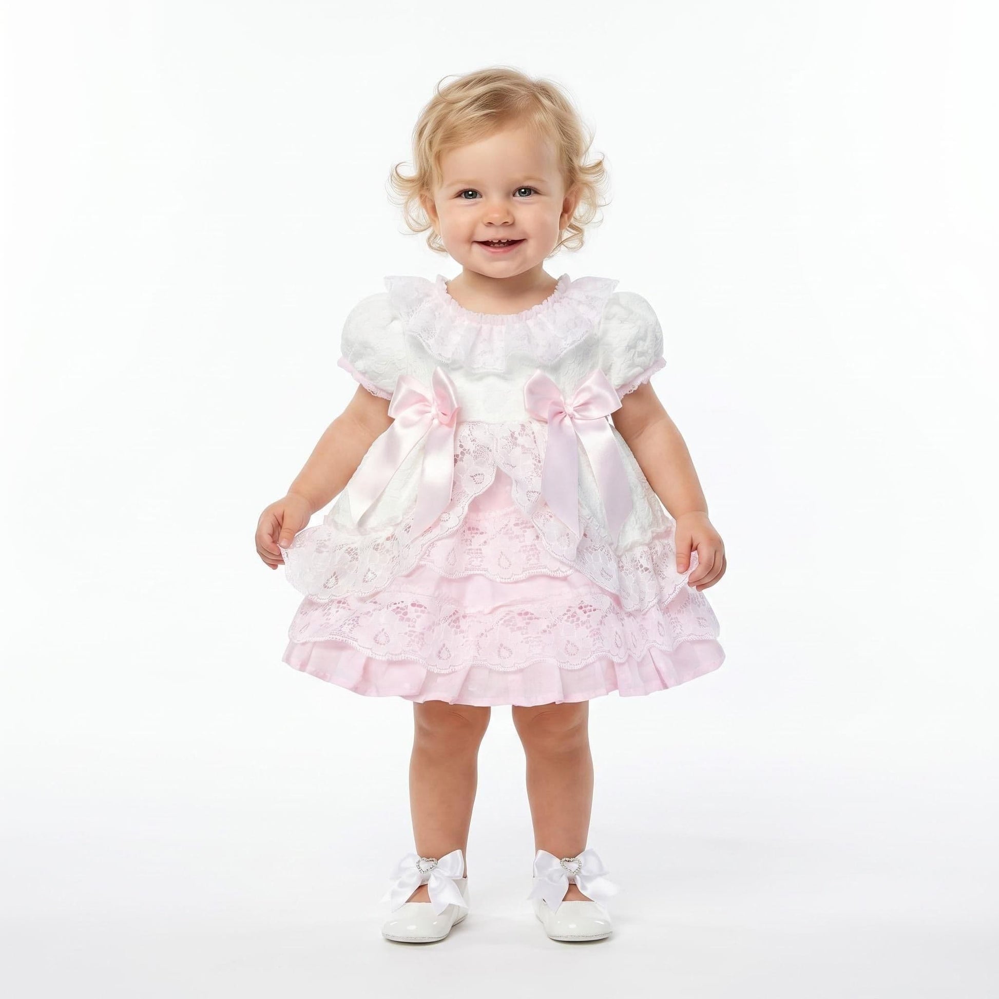 *SALE* Baby Girl White with Pink Lace Puff Ball Dress "2409 WP"