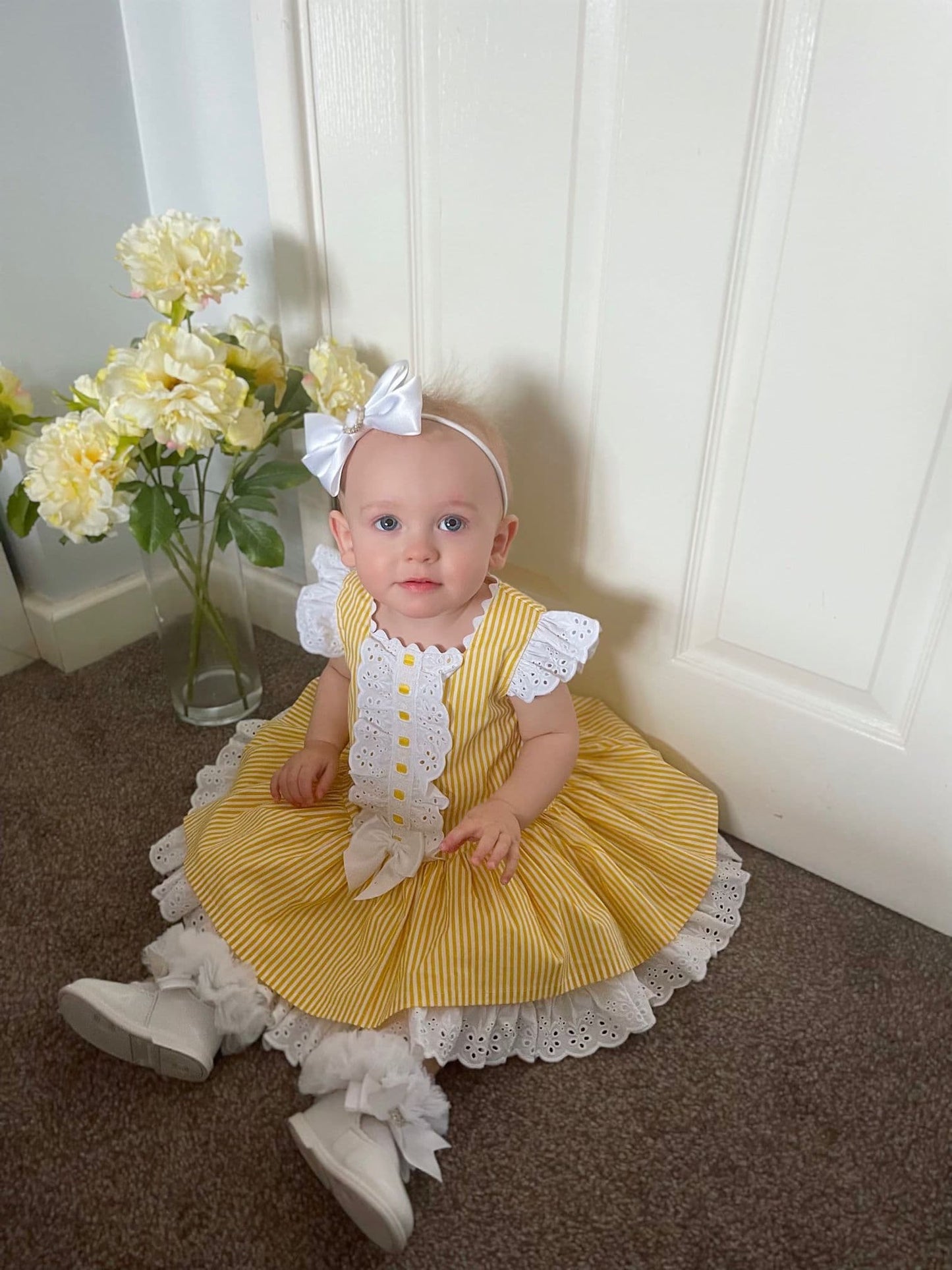 *SALE* Baby Girl Yellow Stripe Puff Ball Dress Drop Waist "2004 Yellow"