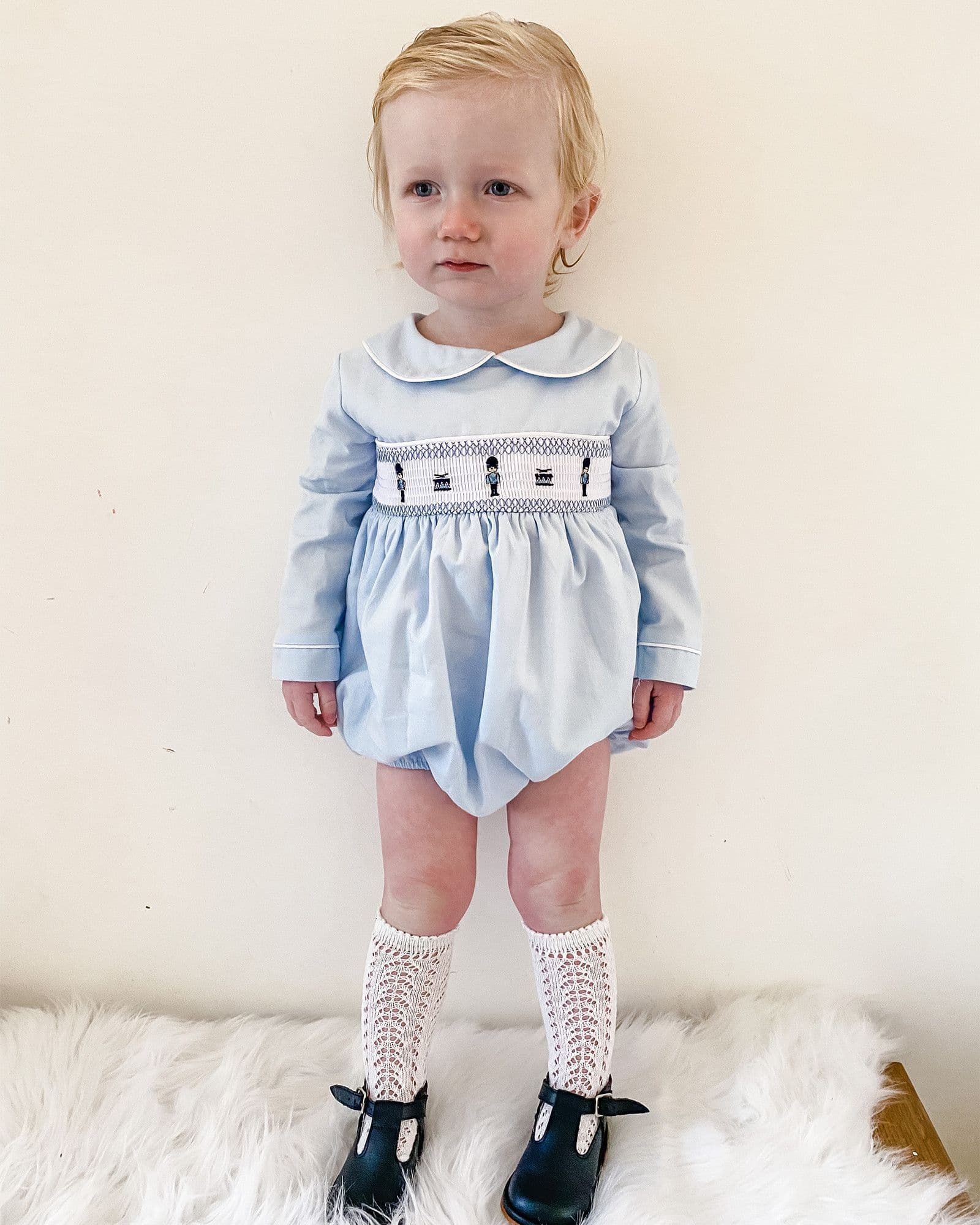 *SALE* Blue Boys Smocked Soilder Embroidery Romper "MYDE003"