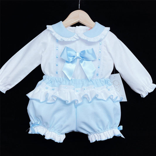 *SALE* Blue Long Sleeve Shorts Set Big Satin Bow "MYD830B"