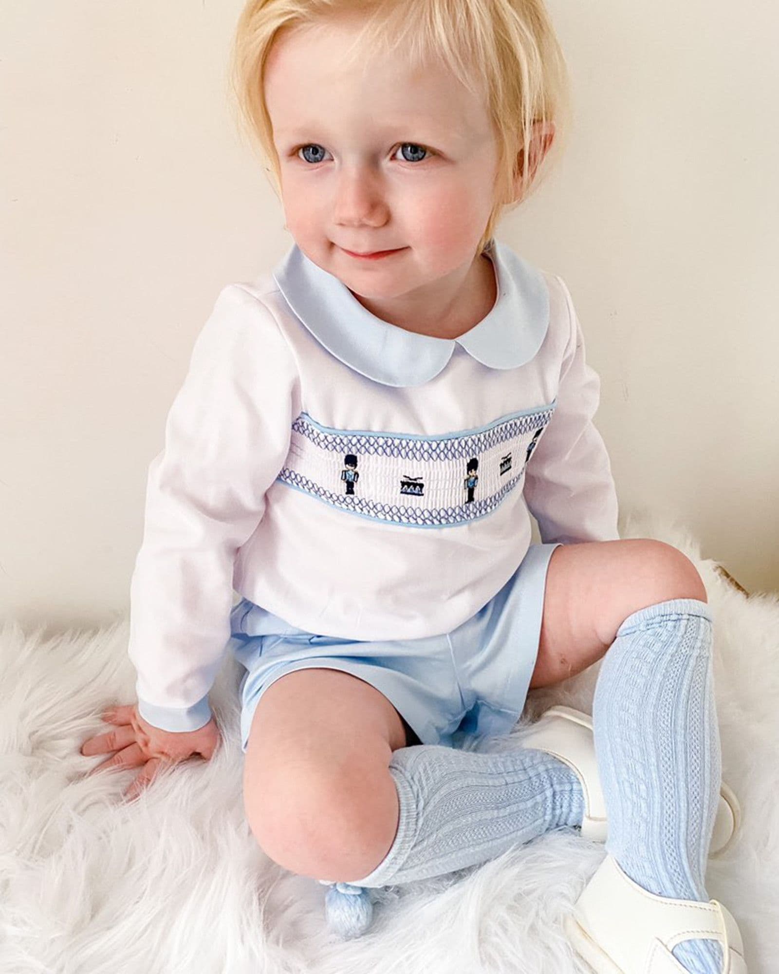 *SALE* Blue Smocked Soilder Embroidery Shirt with Blue Shorts "MYDE002"