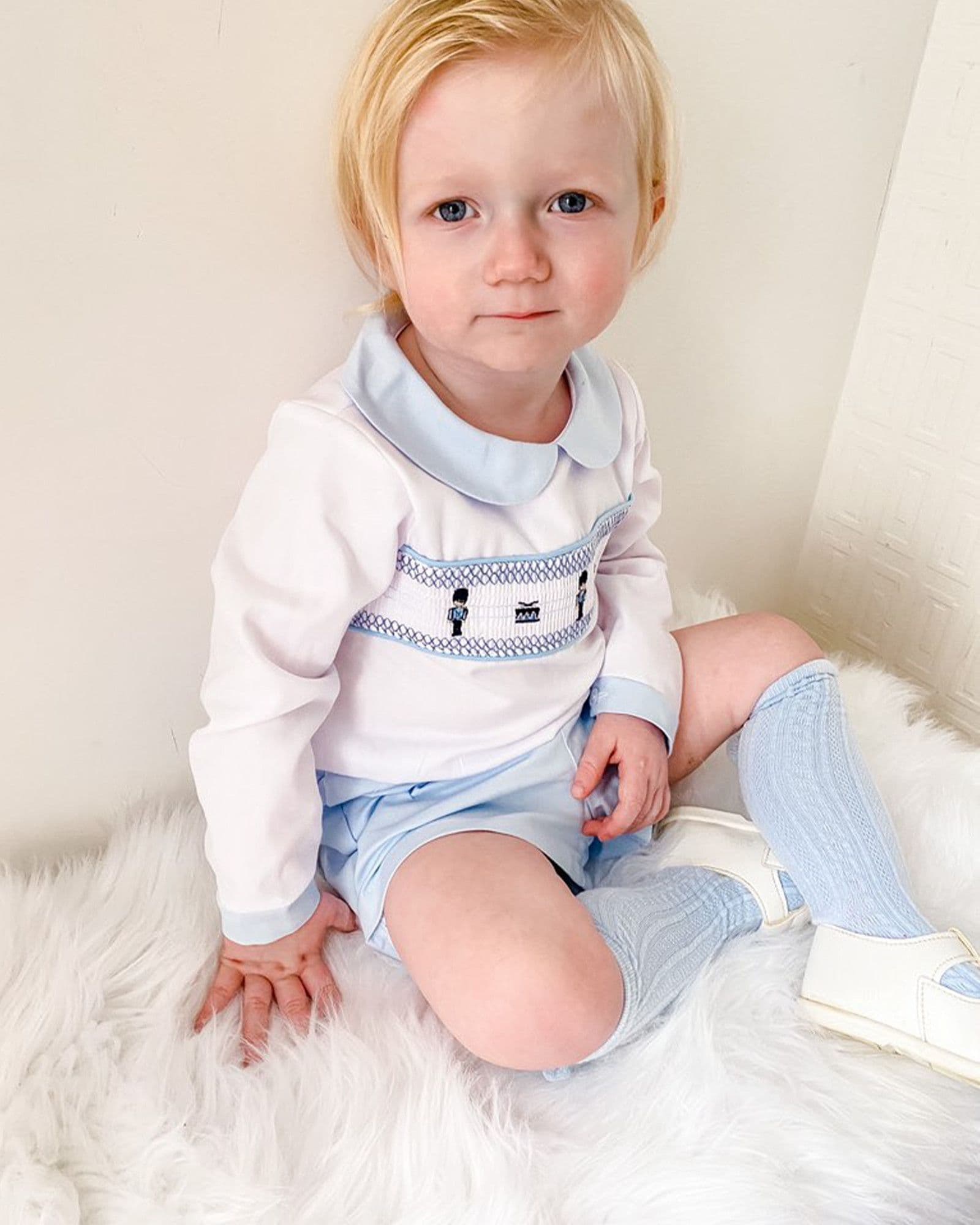 *SALE* Blue Smocked Soilder Embroidery Shirt with Blue Shorts "MYDE002"