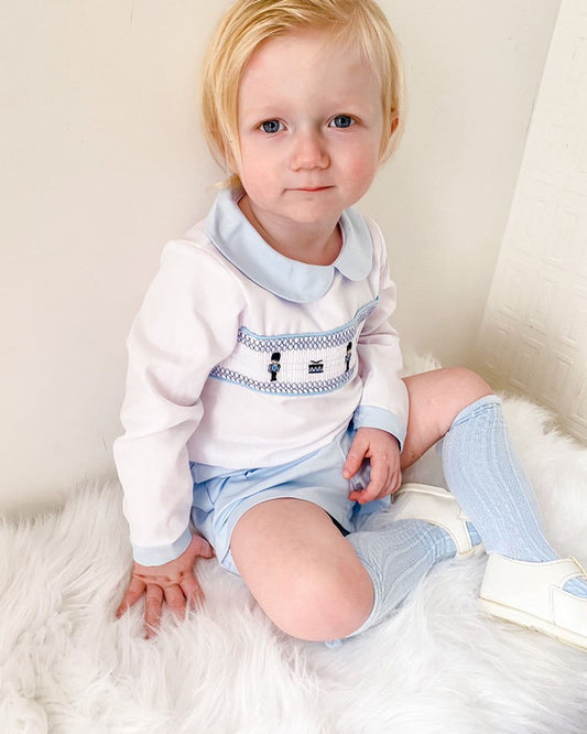 *SALE* Blue Smocked Soilder Embroidery Shirt with Blue Shorts "MYDE002"