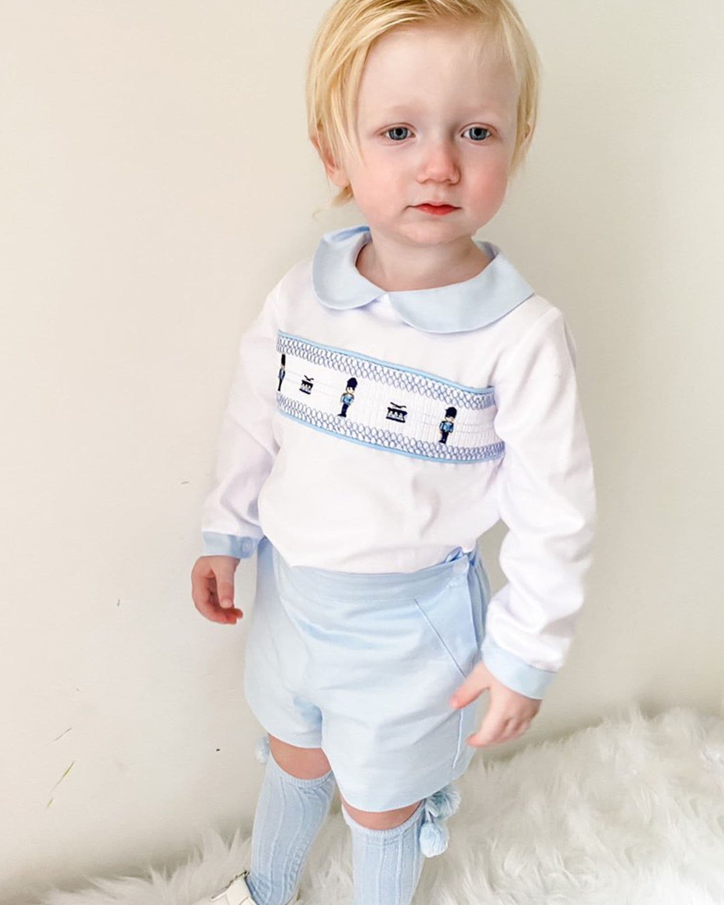 *SALE* Blue Smocked Soilder Embroidery Shirt with Blue Shorts "MYDE002"