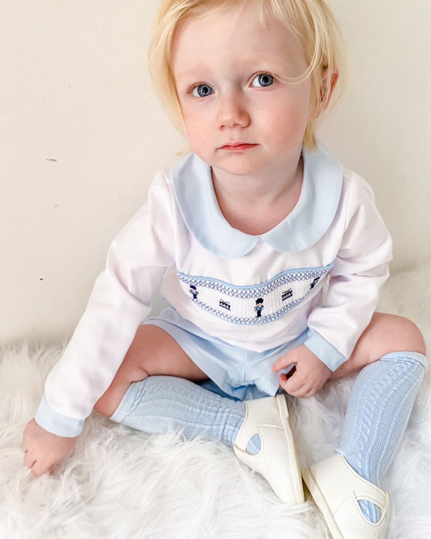 *SALE* Blue Smocked Soilder Embroidery Shirt with Blue Shorts "MYDE002"