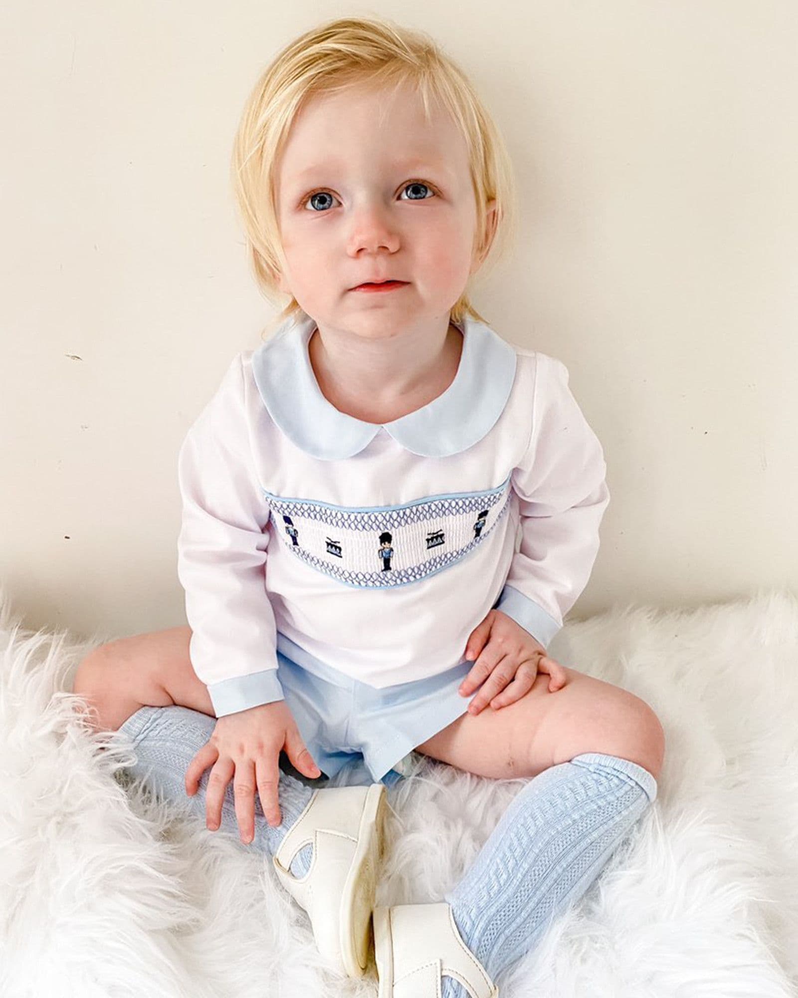 *SALE* Blue Smocked Soilder Embroidery Shirt with Blue Shorts "MYDE002"