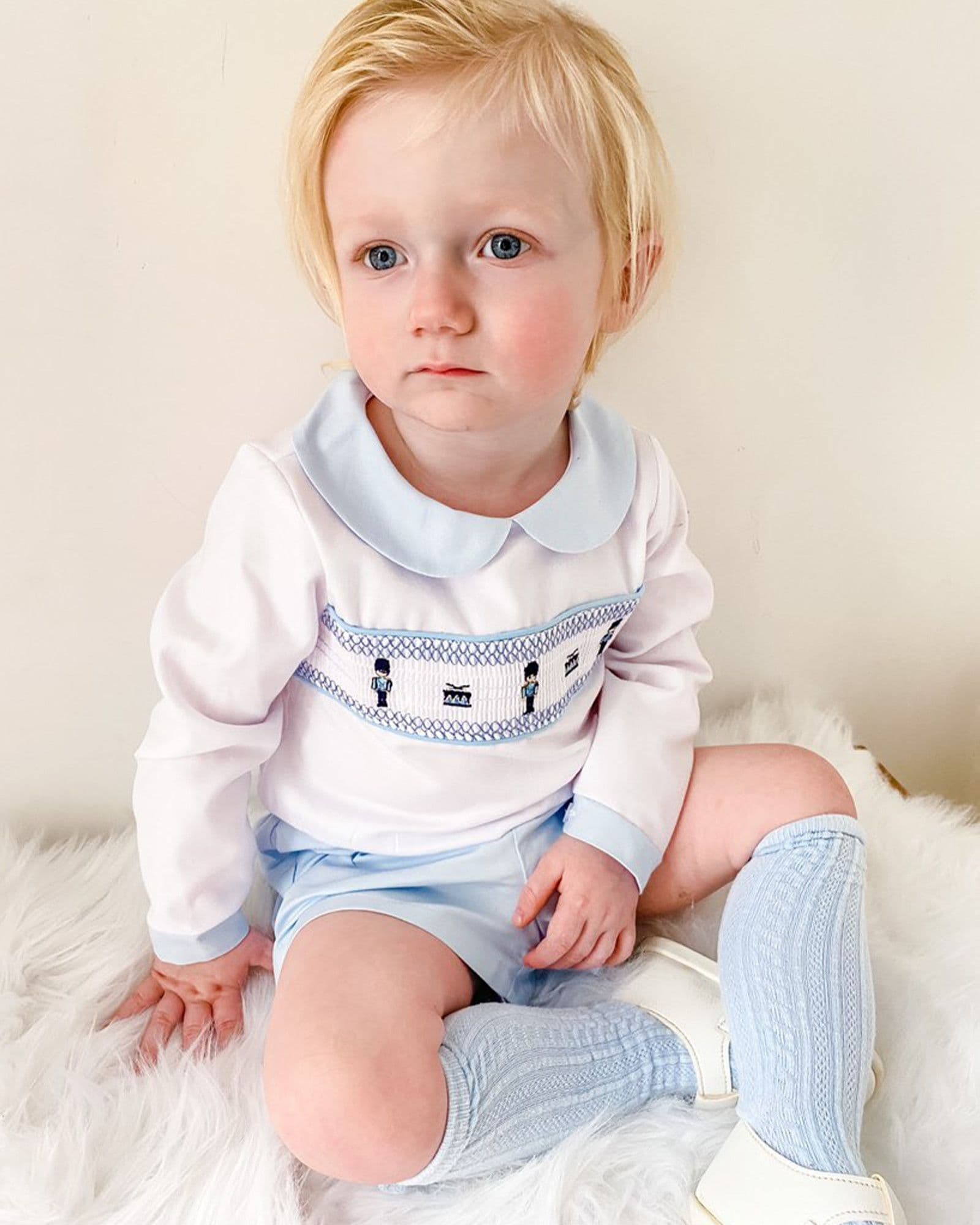 *SALE* Blue Smocked Soilder Embroidery Shirt with Blue Shorts "MYDE002"