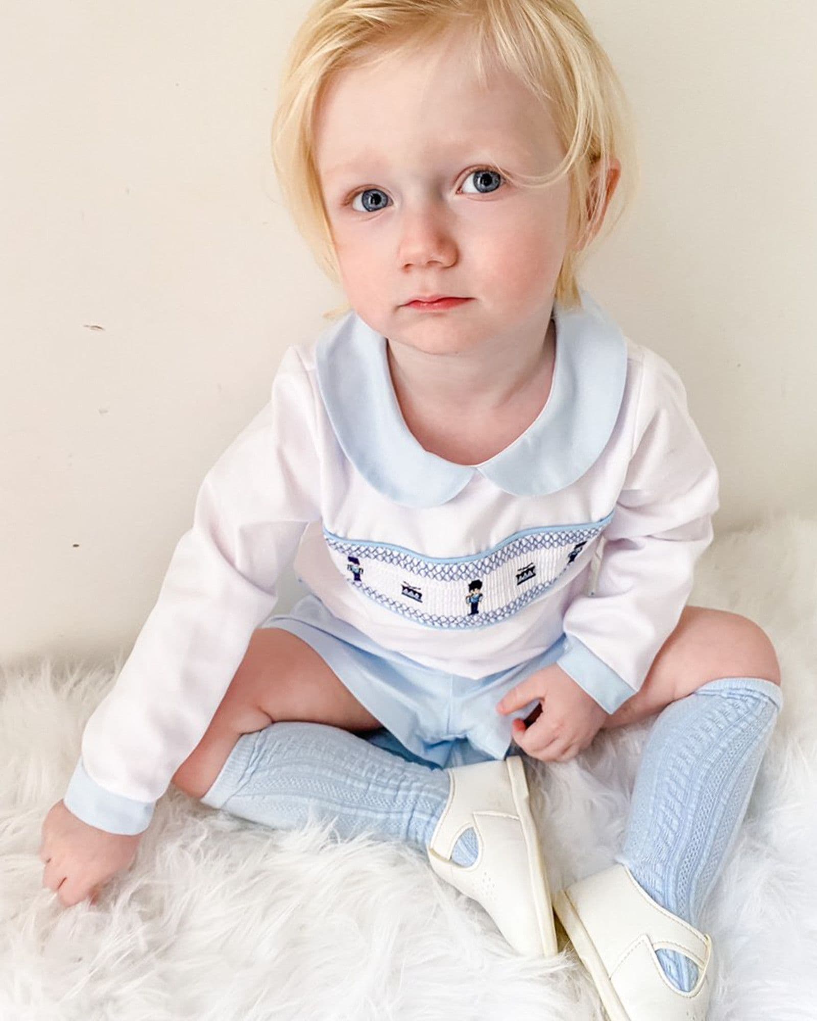 *SALE* Blue Smocked Soilder Embroidery Shirt with Blue Shorts "MYDE002"