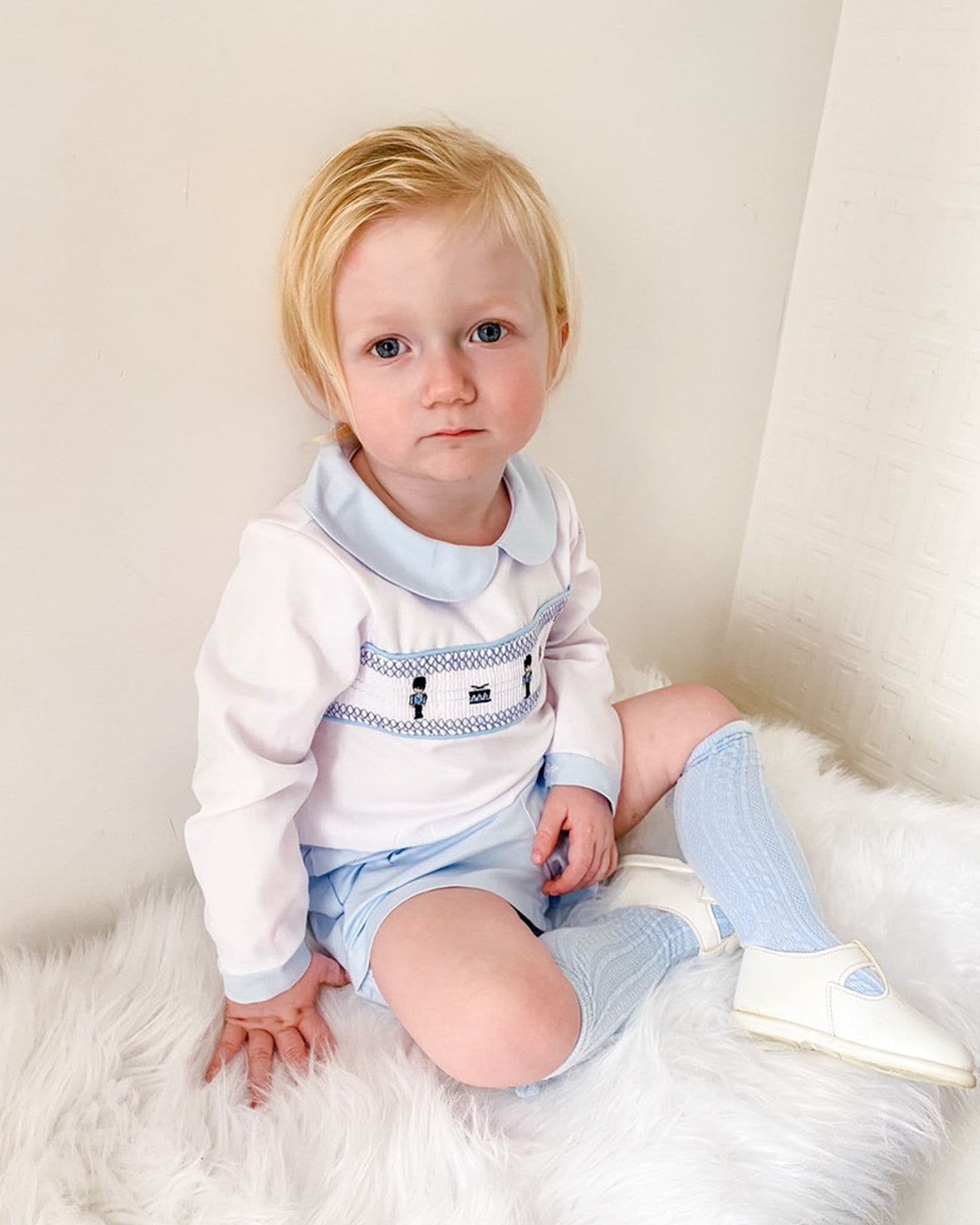 *SALE* Blue Smocked Soilder Embroidery Shirt with Blue Shorts "MYDE002"