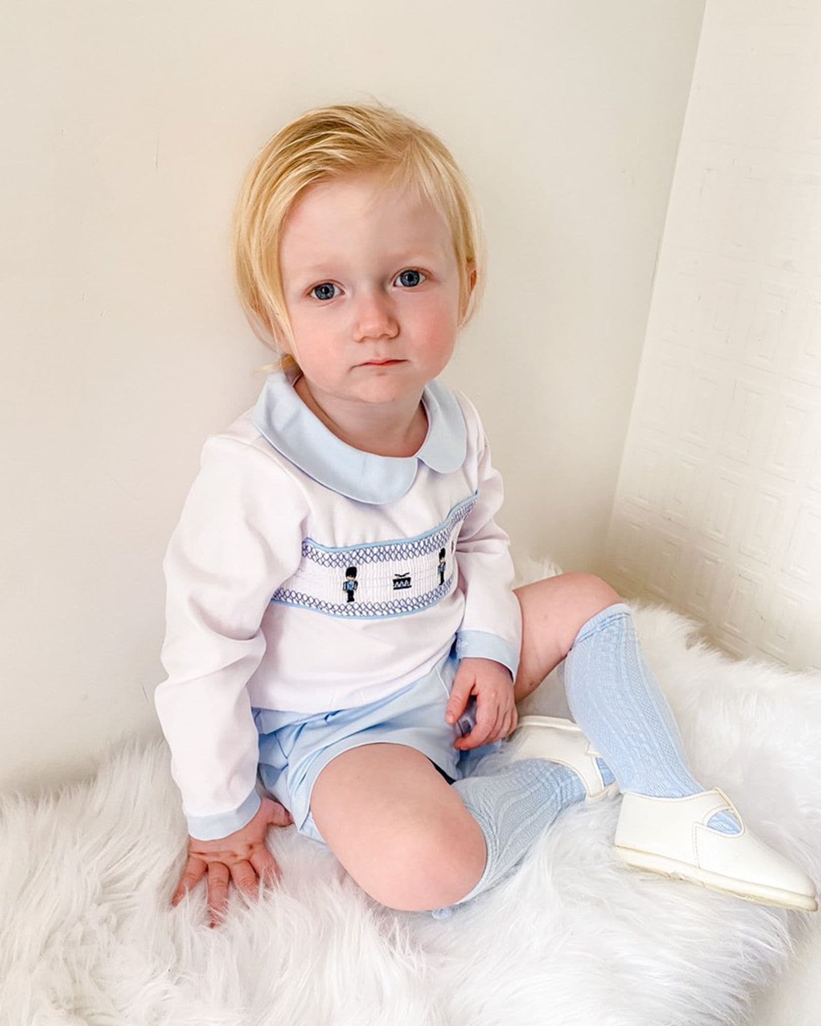 *SALE* Blue Smocked Soilder Embroidery Shirt with Blue Shorts "MYDE002"