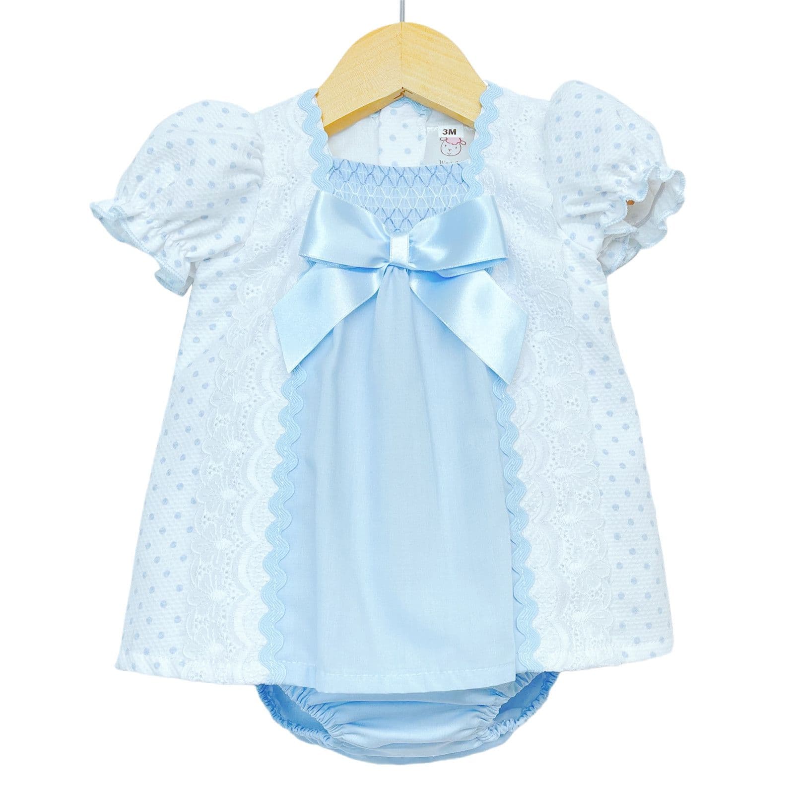 *SALE* Blue Waffle Smocked Dress with Pants Satin bow "MYD2202 B"
