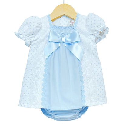 *SALE* Blue Waffle Smocked Dress with Pants Satin bow "MYD2202 B"