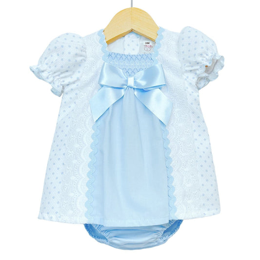 *SALE* Blue Waffle Smocked Dress with Pants Satin bow "MYD2202 B"