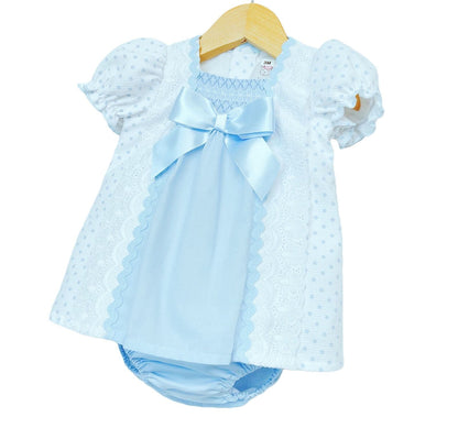 *SALE* Blue Waffle Smocked Dress with Pants Satin bow "MYD2202 B"