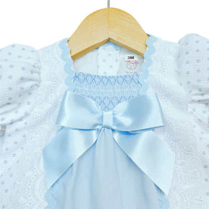 *SALE* Blue Waffle Smocked Dress with Pants Satin bow "MYD2202 B"