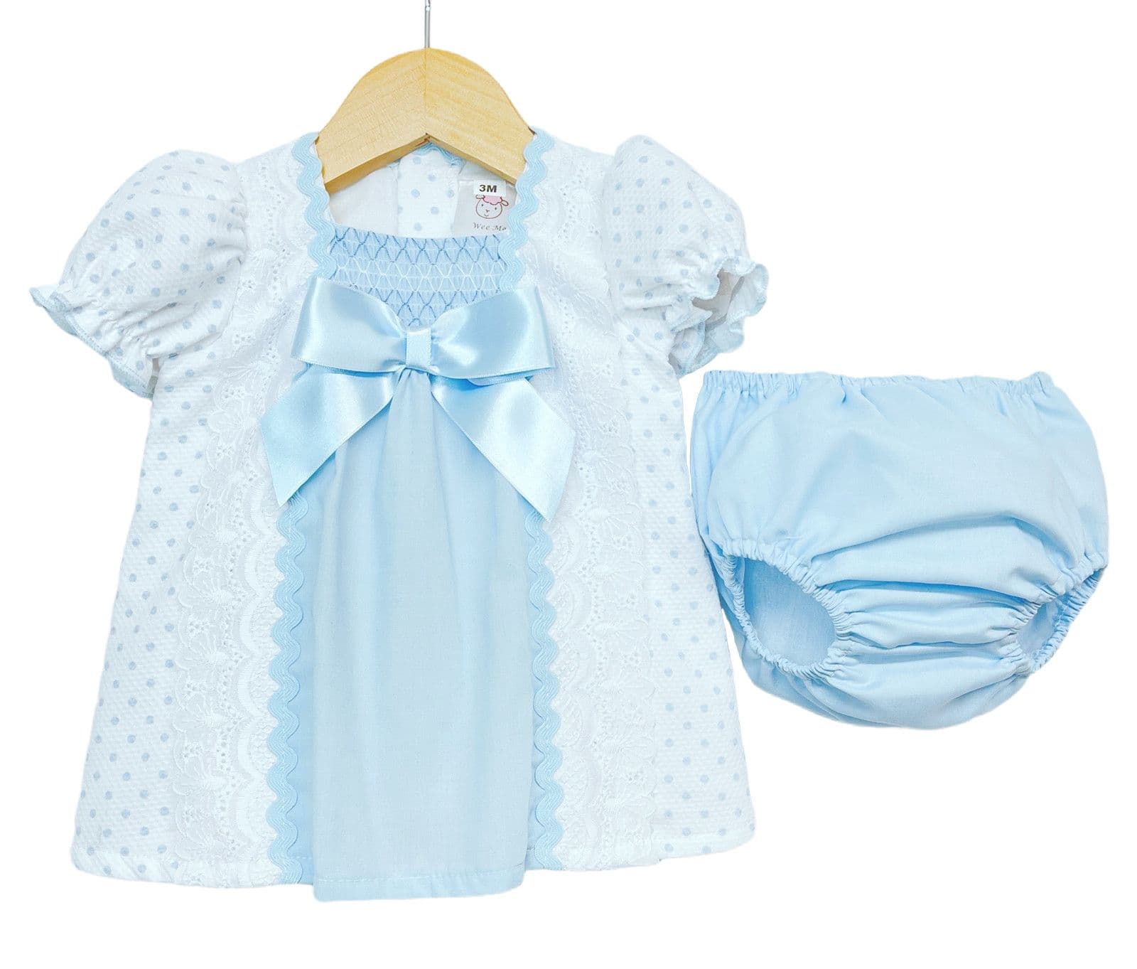 *SALE* Blue Waffle Smocked Dress with Pants Satin bow "MYD2202 B"