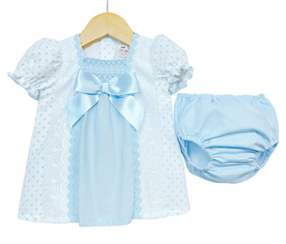 *SALE* Blue Waffle Smocked Dress with Pants Satin bow "MYD2202 B"
