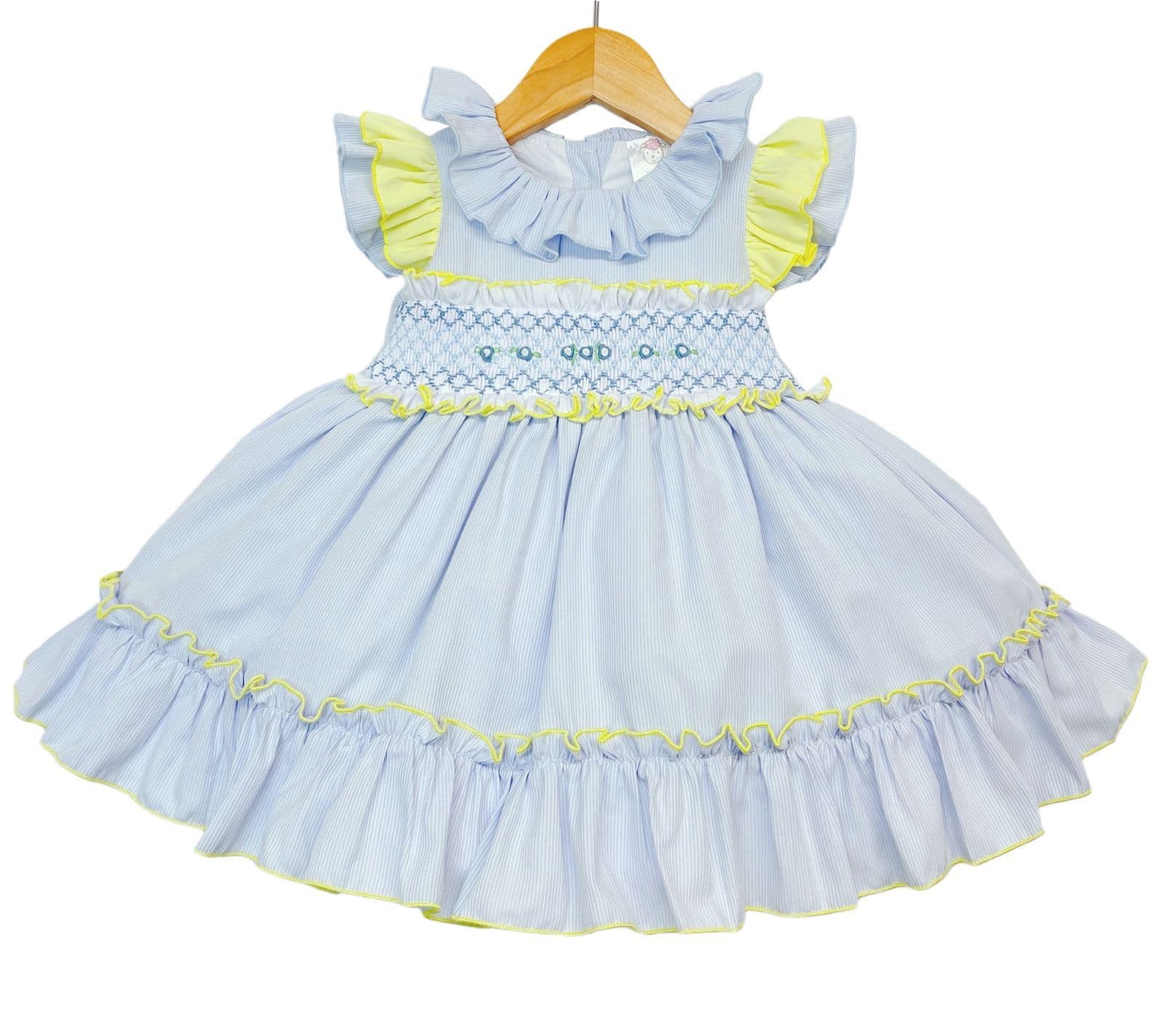 *SALE* Blue with Yellow Hand Smocked Puff Ball Dress Knee Length 2251 Yellow"