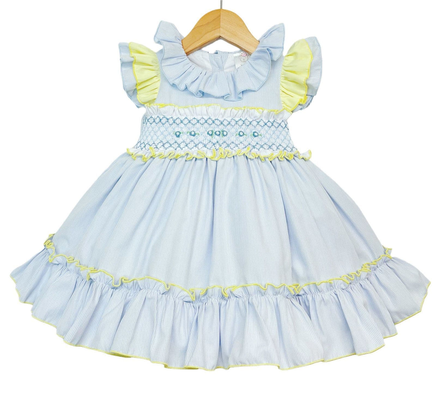 *SALE* Blue with Yellow Hand Smocked Puff Ball Dress Knee Length 2251 Yellow"