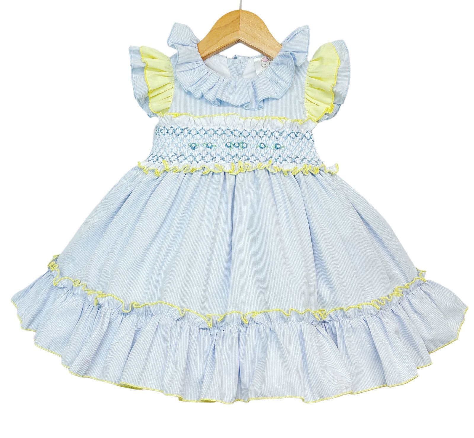 *SALE* Blue with Yellow Hand Smocked Puff Ball Dress Knee Length 2251 Yellow"