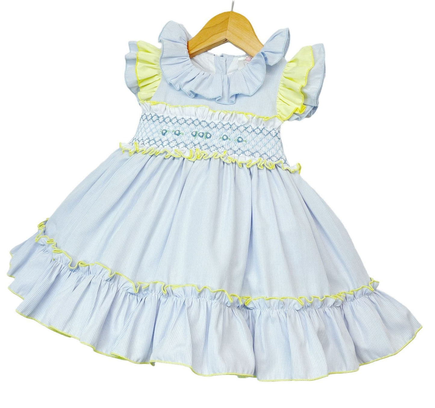 *SALE* Blue with Yellow Hand Smocked Puff Ball Dress Knee Length 2251 Yellow"